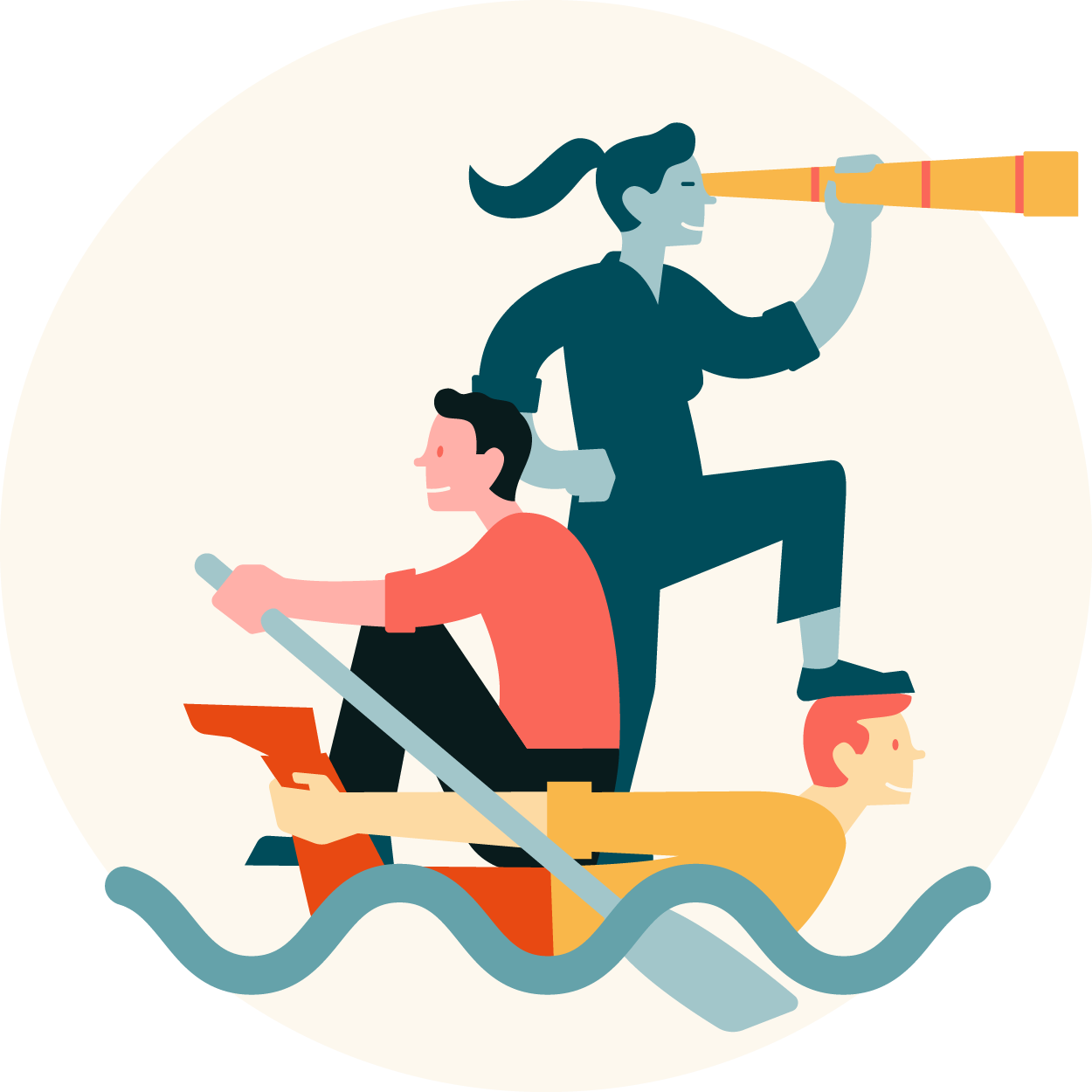 Illustratie van twee personen die in een 'boot' zitten, èèn kijkt door een verrekijker vooruit, de ander is aan het roeien, een derde persoon vormt de 'boot'.